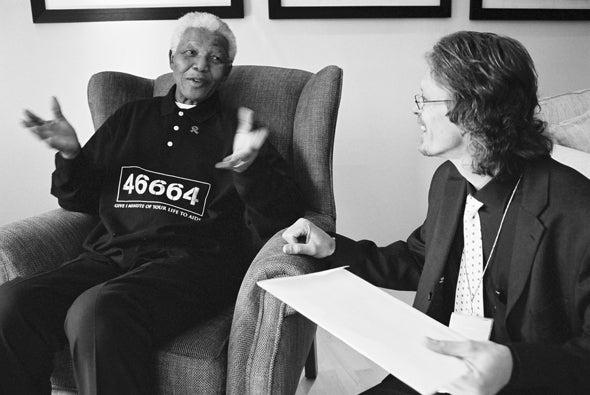 http://www.bates.edu/news/files/2011/10/harris-views.jpg Verne Harris (right) interviews Nelson Mandela, former anti-apartheid activist and President of South Africa. 