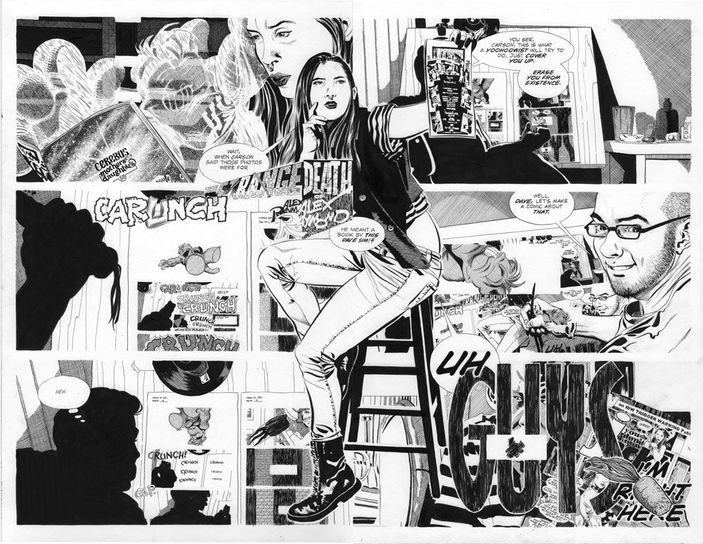 A black-and-white comic-style illustration shows a woman on a ladder holding up comic books and talking to a man. The background is filled with comic book panels, sound effects like CRUNCH, and speech bubbles with their dialogue.