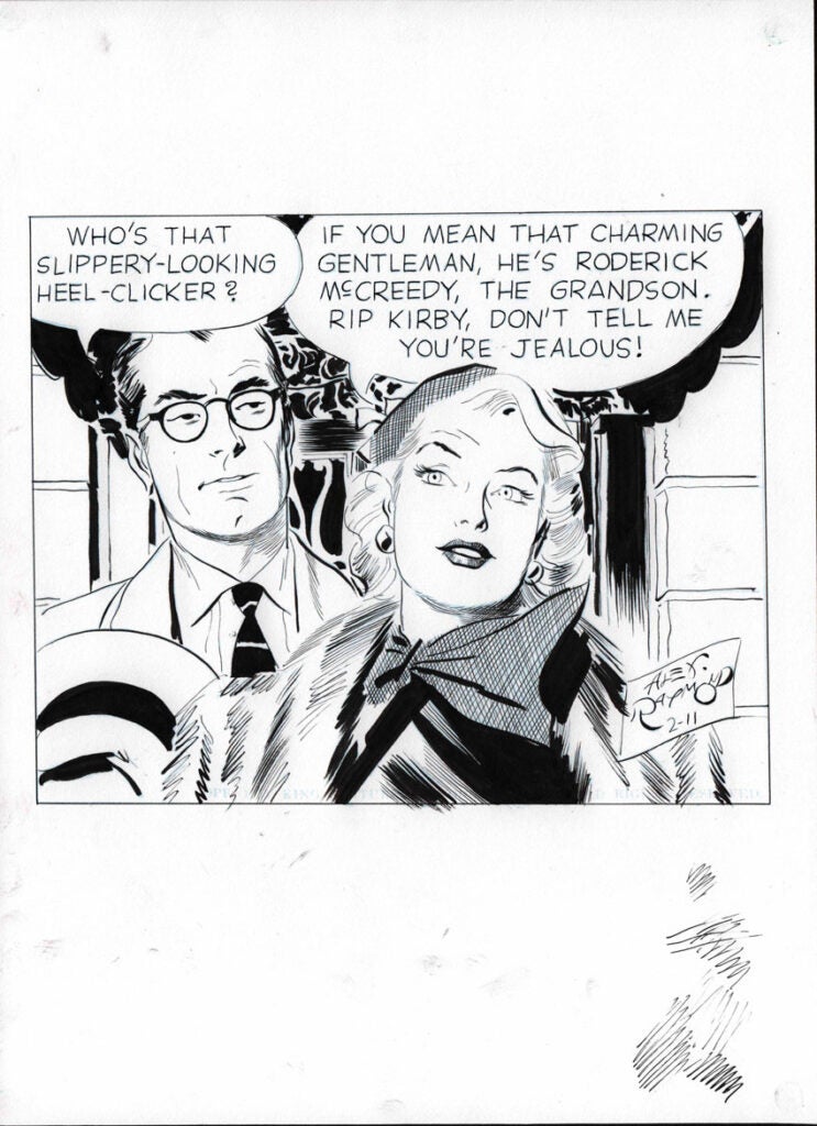 A man in glasses and a suit stands behind a woman wearing a fur coat and hat. She speaks, while the man listens. Both appear to be in conversation, with speech bubbles of dialogue above their heads. The image is in black and white.