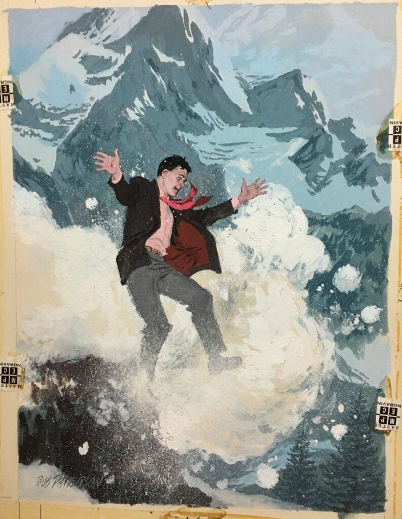 A man in a suit and red tie is caught in an avalanche, tumbling down a snowy mountain slope with snow and ice flying around him. The background shows rugged, towering mountains under a cloudy sky.