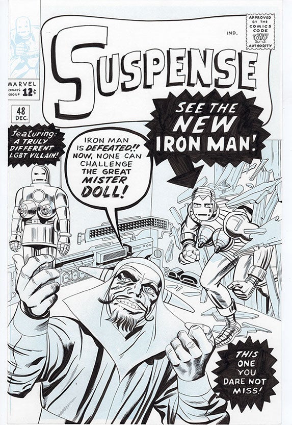 Black and white comic book cover for Suspense issue 48, showing Iron Man in a new suit fighting the villain Mister Doll, with bold text announcing the new Iron Man and urging readers not to miss the issue.