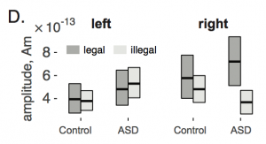 Evoked brain responses to phontactically legal and illegal pseudo-words. Signals were recorded by MEG and localized to elft and right auditory cortex. Average activity from 750-850 ms after word onset is shown separately for participants iwth ASD and for controls. Key result: greater right hemisphere response to legal sequences in ASD, but not for controls.