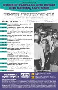 Student Radicals course poster with list of presenters and dates. Historical image of a student being carried by police.