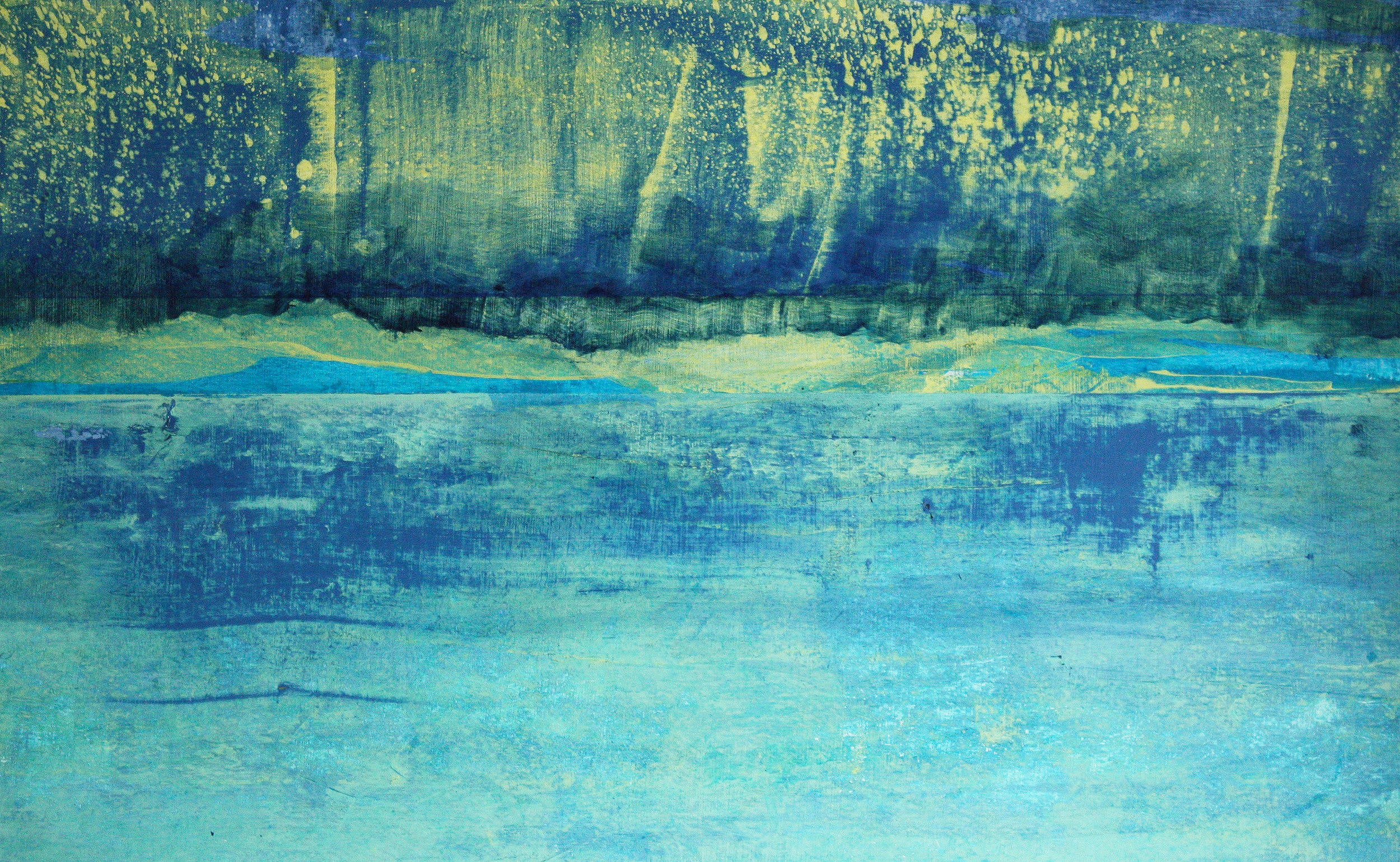 abstract painting of blues, greens and yellows