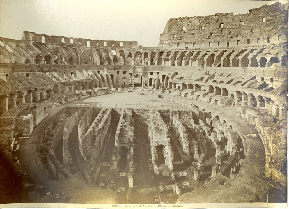 Sepia image of the interior of the Coliseum, Rome.