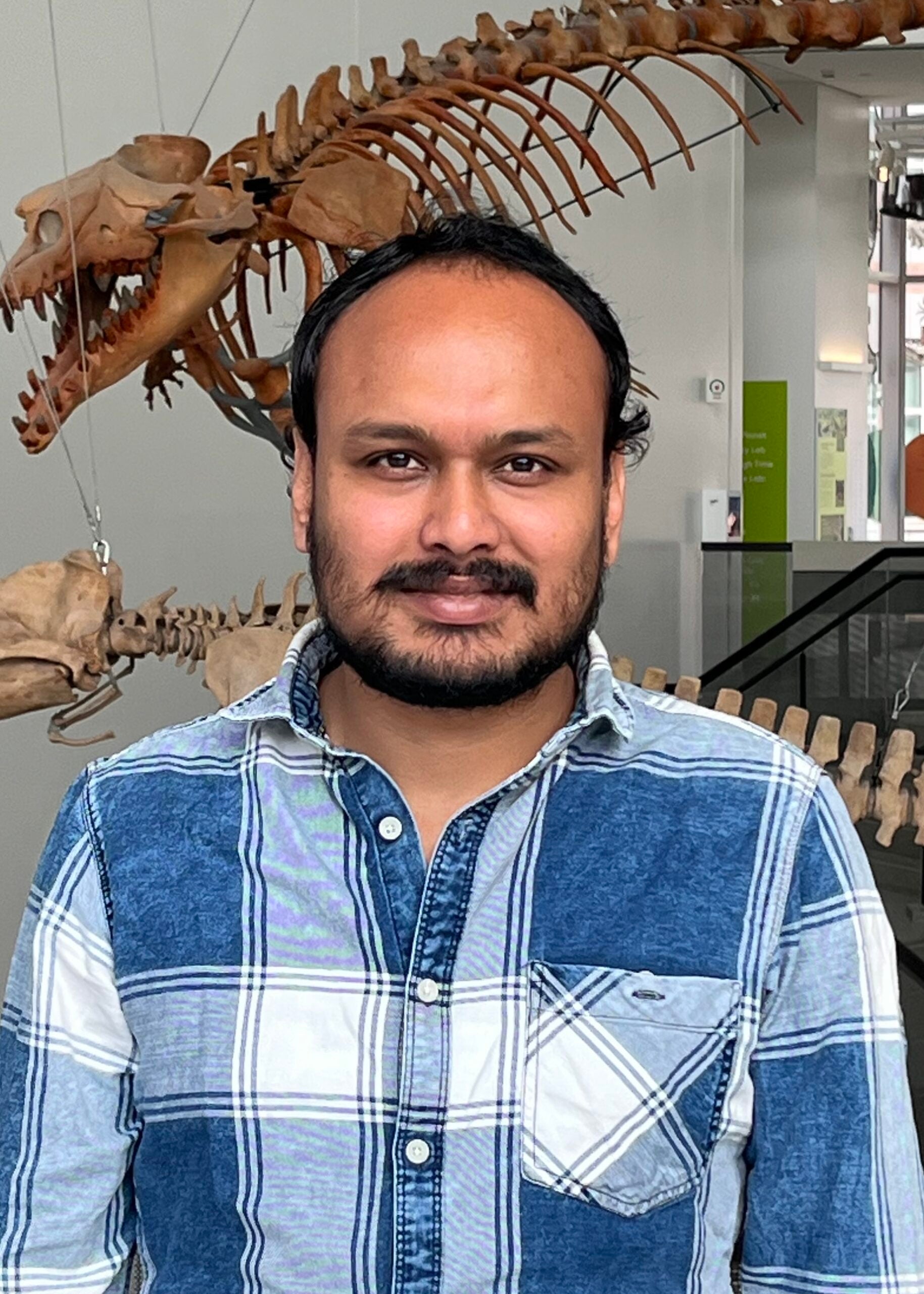A man with short dark hair and a beard wearing a blue plaid shirt stands indoors in front of a large dinosaur skeleton display.