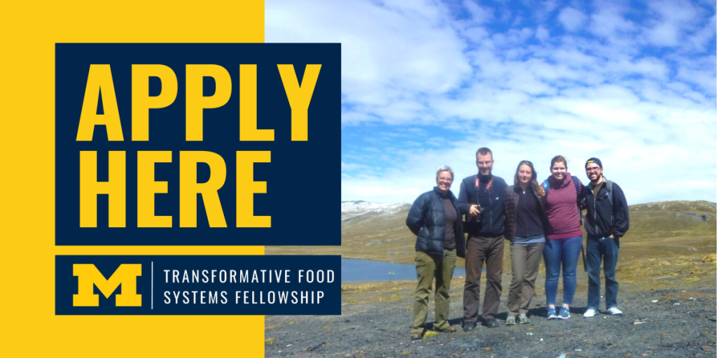 Click to Apply here, students and professors on top of a mountain with a lake behind them, Transformative Food Systems Fellowship logo.