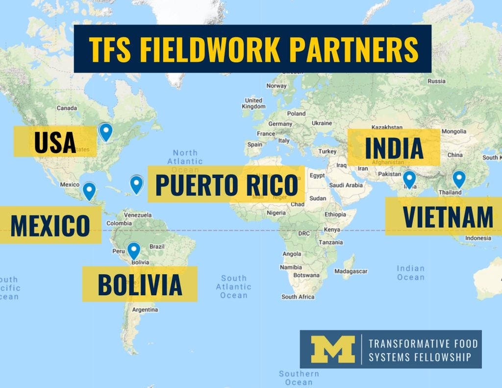 Map of the world indicating TFS Fieldwork Partners. Partner countries include, USA, Puerto Rico, India, Vitnam, Mexico, and Bolivia.