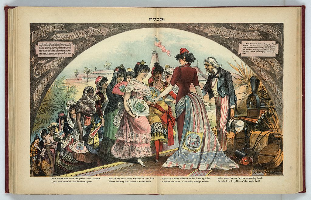A vintage illustration showing women in various cultural dress arriving at a fair. Lady Liberty and Uncle Sam welcome them, while American women stand at the center in elaborate gowns. An archway reads Worlds Industrial Cotton Centennial Exposition.