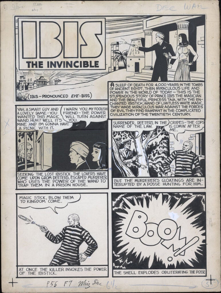 A black and white comic page titled Ibis the Invincible, from the era of vintage comics, shows a man in a suit using a magical staff, a couple fleeing, and scenes of magic. The last panel features a large B-O-O-M sound effect from an explosion.
