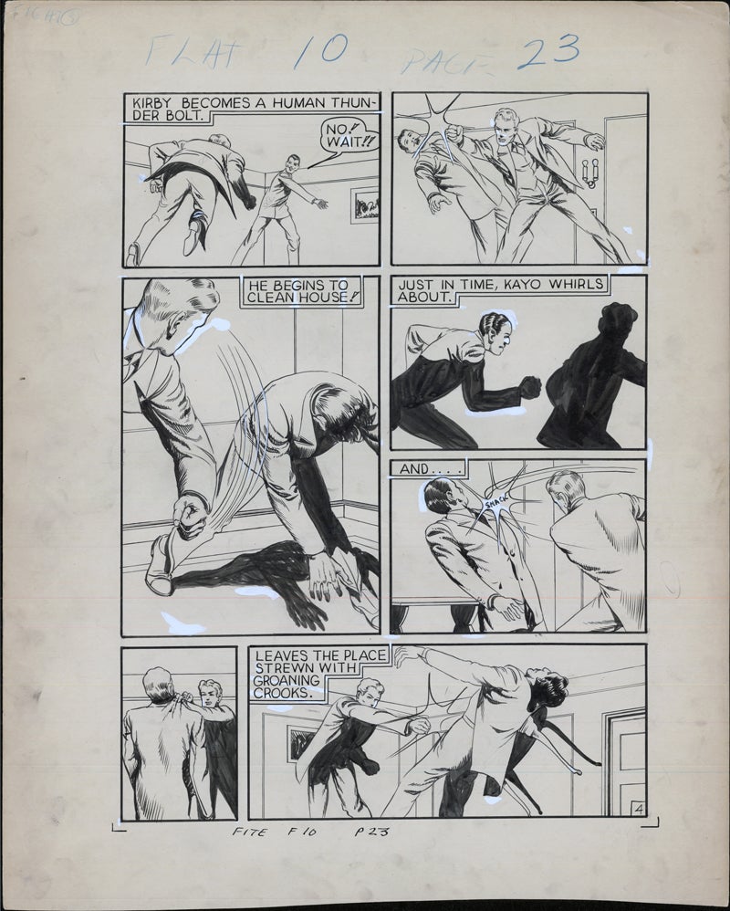 A black-and-white comic page in the style of vintage comics shows a man named Kirby transforming into a superhero, fighting two attackers, and quickly defeating them before leaving as the defeated crooks lie on the floor.