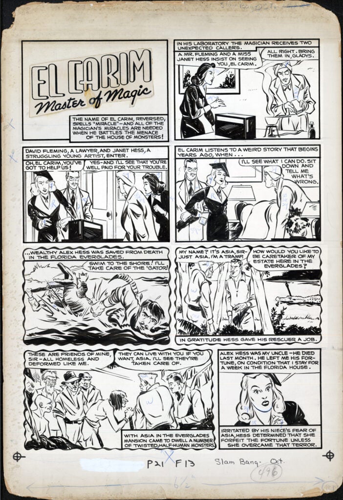 A black-and-white comic page titled El Carim, Master of Magic, captures the dramatic flair of golden age comics. Characters in suits and dresses watch as El Carim performs magic, rescues a man from death, and speaks with a woman in vintage style scenes.