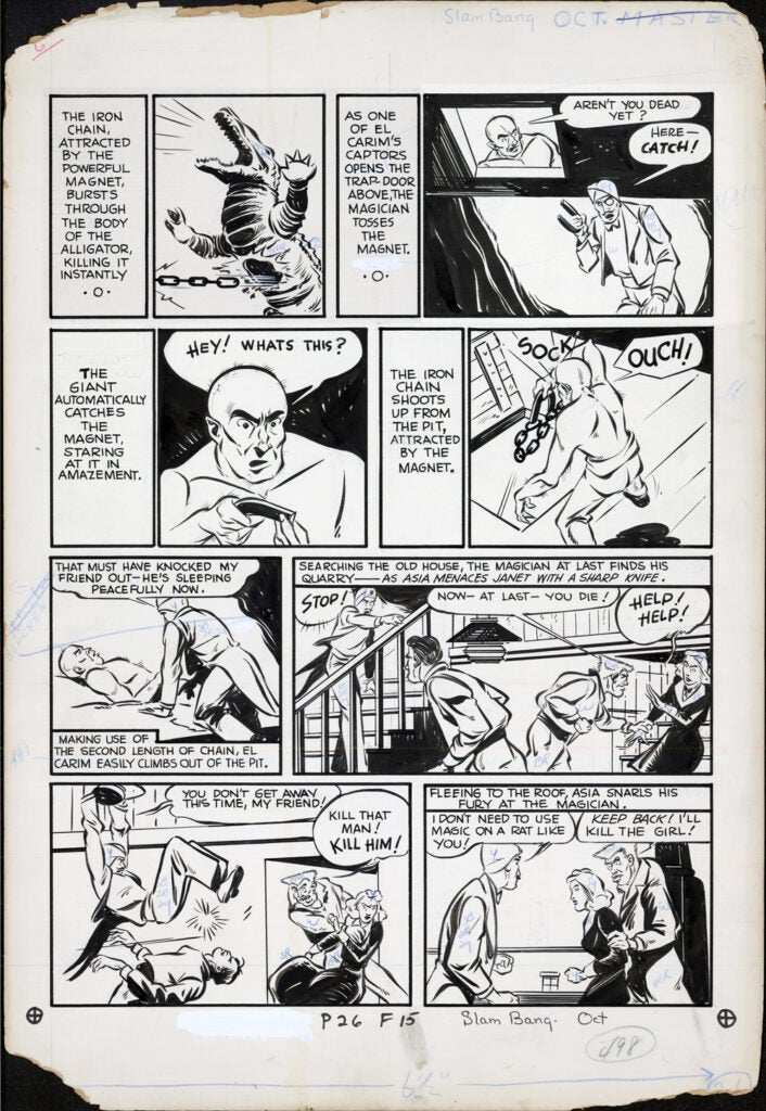 A black-and-white comic page in the style of vintage comics shows a villain using a powerful iron magnet to catch a hero. The hero escapes, battles attackers, and rescues a woman before fleeing—all classic drama from 1940 comic books.