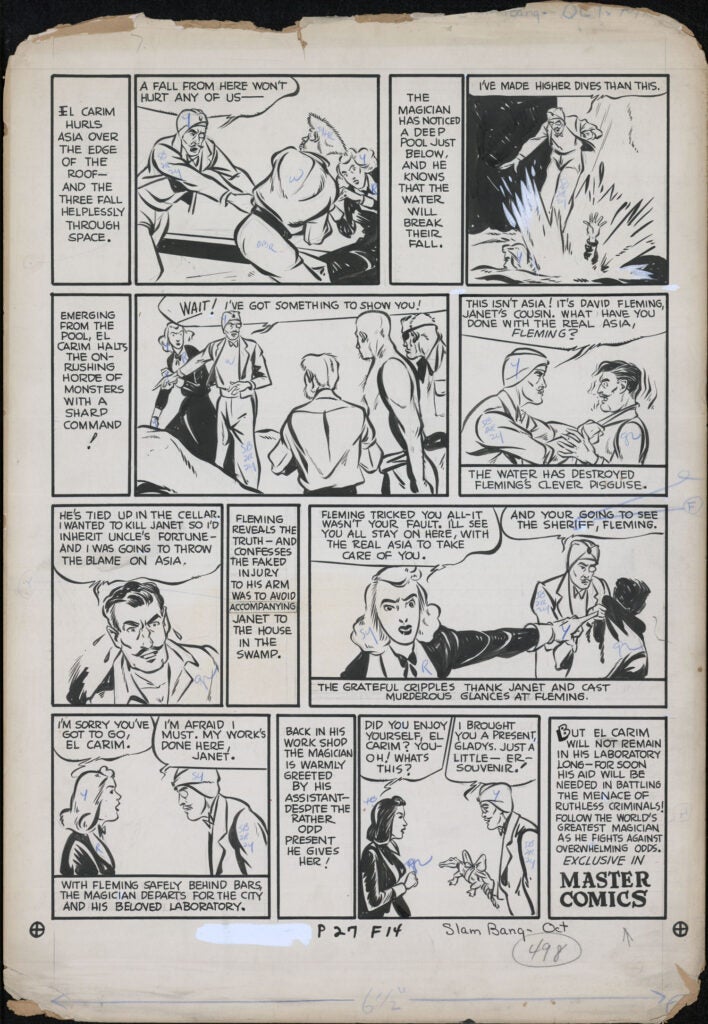 A black-and-white comic page from a golden age comic shows action scenes with dialogue. Characters discuss a villain named El Carim, a plane crash, invisibility, and a destroyed house. The comic is titled Master Comics with handwritten margin notes.