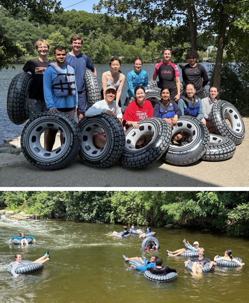 A group of people poses with large inflatable tire tubes by a riverbank; below, the same group floats on the river in the tubes, surrounded by lush greenery and sunlight.