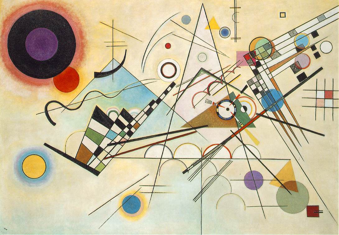 A Kandinsky painting with lots of lines, circles, and triangles.