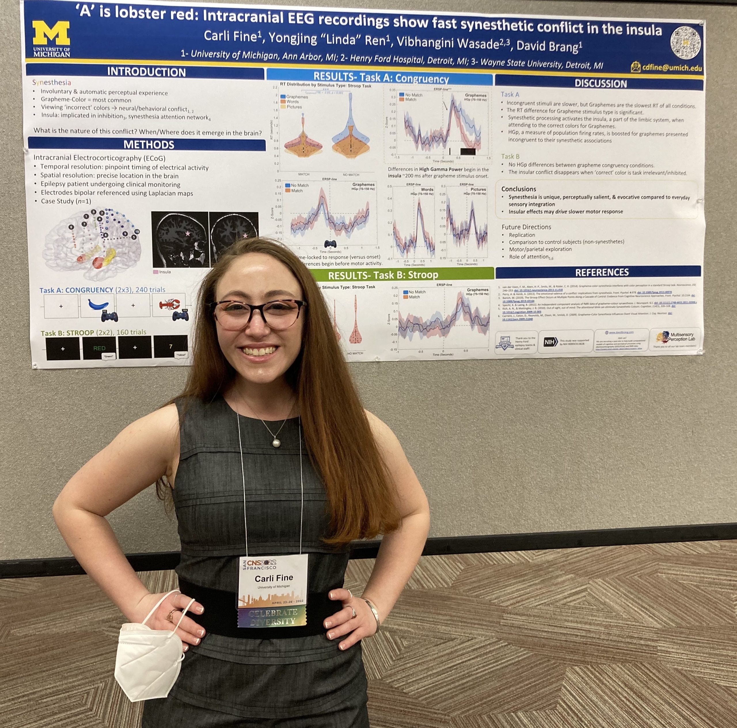 Carli with poster that says: "A" is lobster red: Intracranial EEG recordings show fast synesthetic conflict in the insula