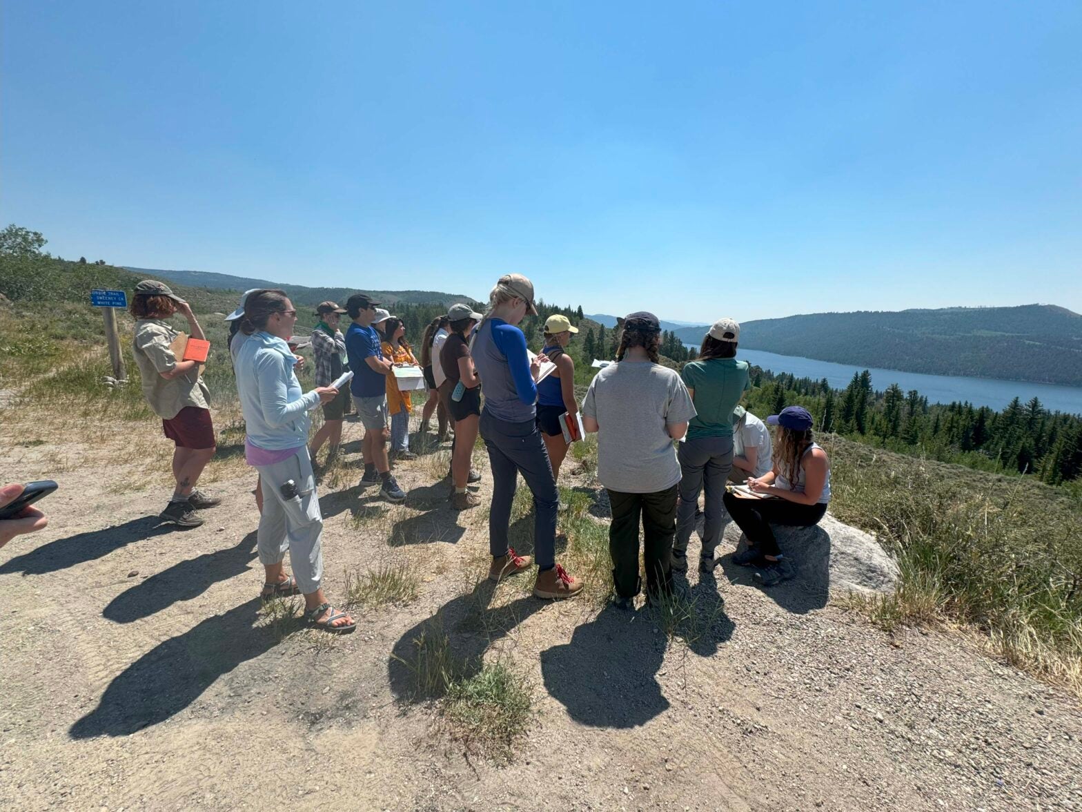 Group stands overlooking lake; some facing water, others conversing or looking towards camera amidst clear skies & greenery.