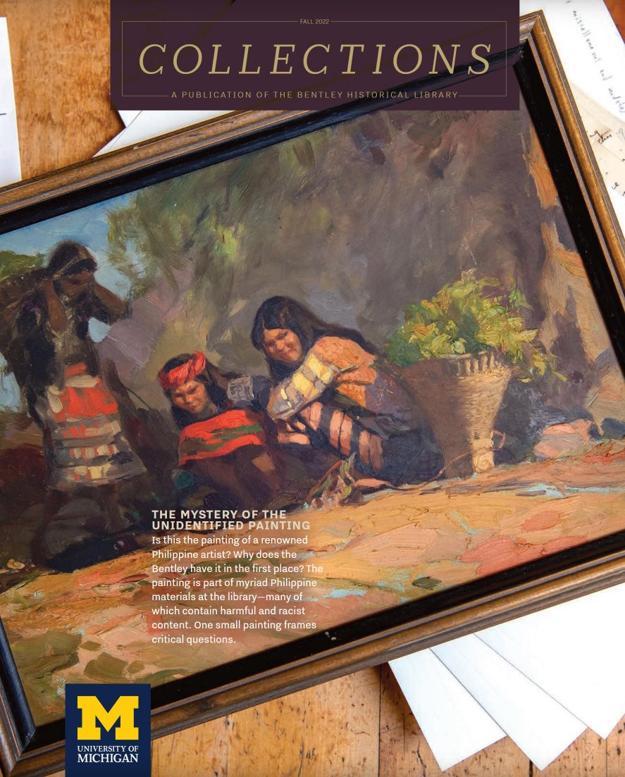 The cover of Collections magazine featuring an askew framed painting of three people and baskets; showing papers and table surface behind it.
