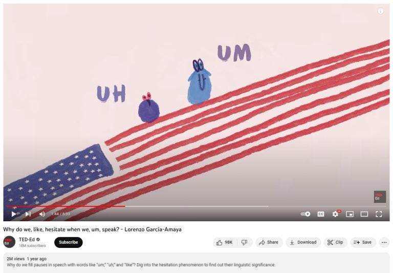A paused YouTube video with an American flag sketch and two blue blob characters with "UH" and "UM" written next to them.