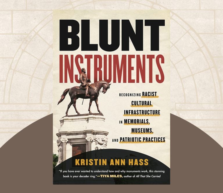 "Blunt Instruments" book cover, features an equestrian statue on a marble pedestal