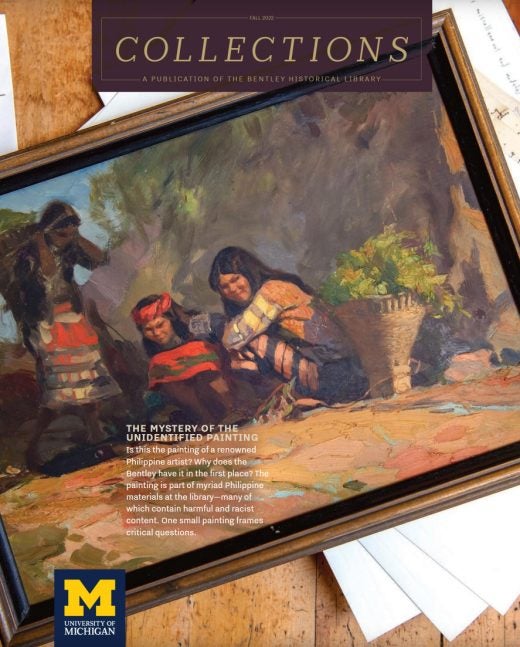 The cover of Collections magazine featuring an askew framed painting of three people and baskets; showing papers and table surface behind it.