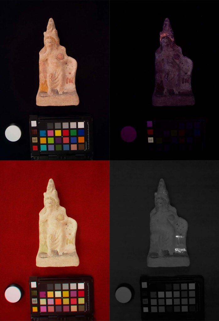 Series of images showing the figurine under visible, ultraviolet, and infrared light and that reveal madder lake, red iron oxide and Egyptian blue pigment on the object.