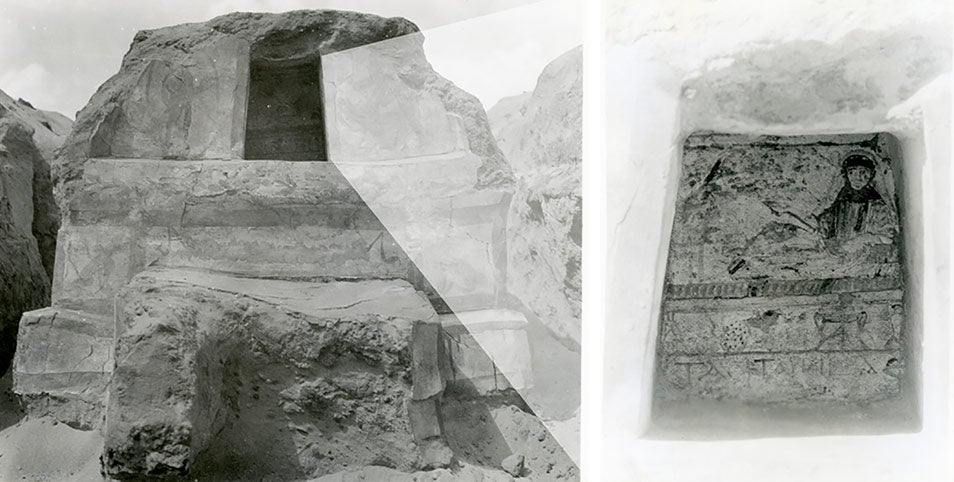 Pair of two black-and-white photographs of a tomb and its niche