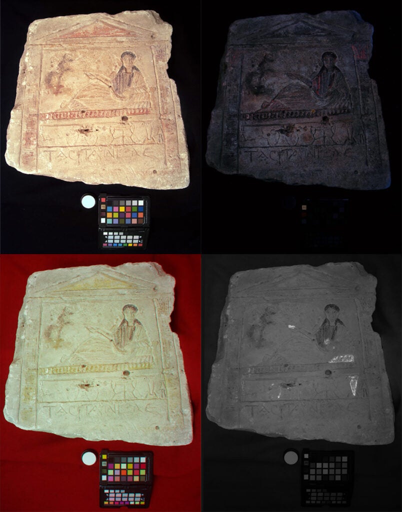 Multispectral images of the limestone grave marker of Tasitarion, clockwise from top left: visible light, ultraviolet-induced visible luminescence, visible-induced infrared luminescence, infrared reflected false color