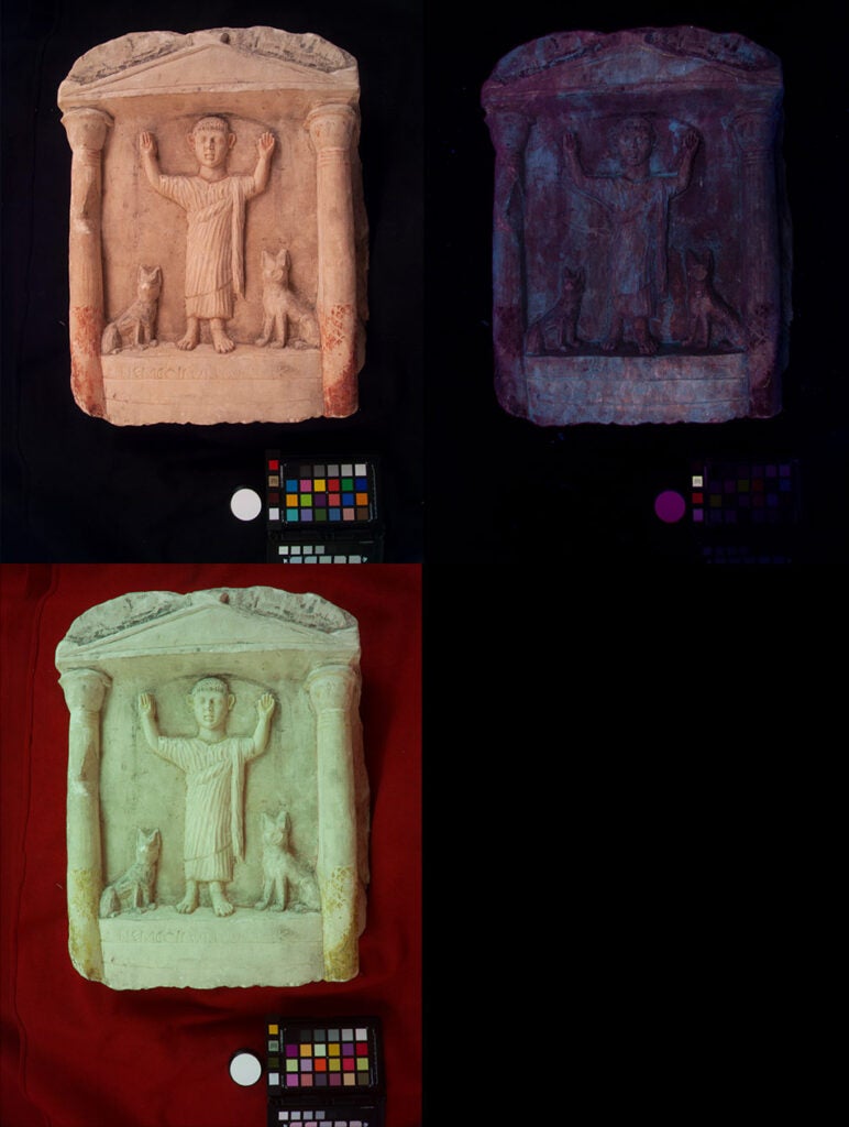 Series of images showing the grave marker under visible, ultraviolet, and infrared light and that reveal madder lake and red iron oxide pigments on the object.