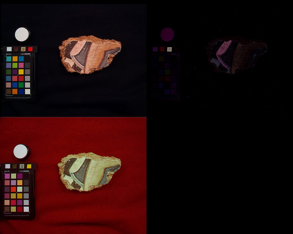 Series of images showing the wall painting under visible, ultraviolet, and infrared light and that reveal madder lake, and red iron oxide pigments on the object.