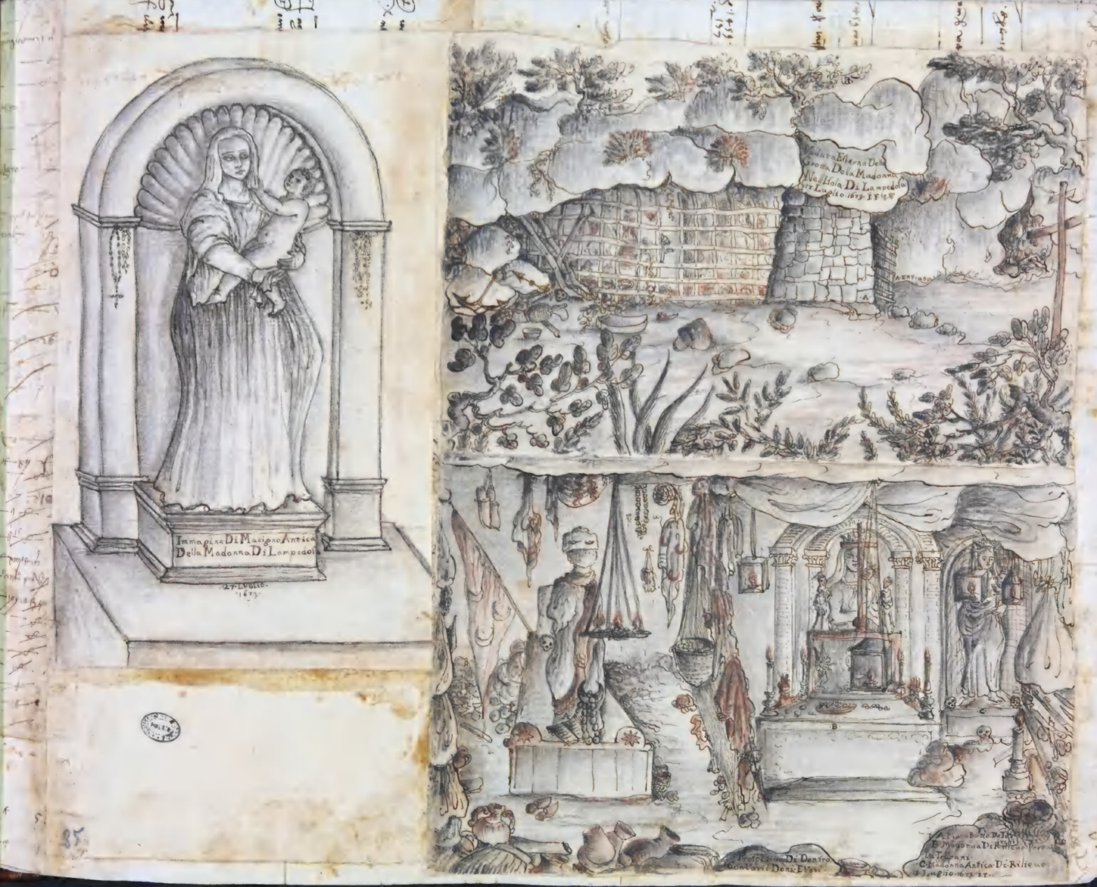 A historical sketch shows three scenes: a woman holding a child in a niche, a stone structure in a forest with labeled trees, and an ornate room with a seated figure surrounded by drapes and various objects.