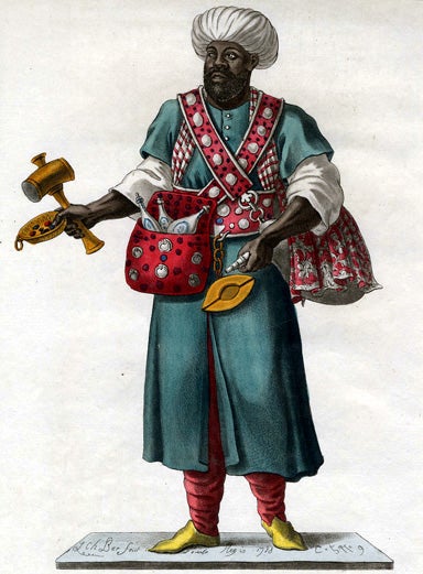 A man in traditional Ottoman attire stands holding a mallet and a wooden object, his patterned red sash and bags suggesting the materiality of daily life, while his white turban hints at faith and religious tradition.
