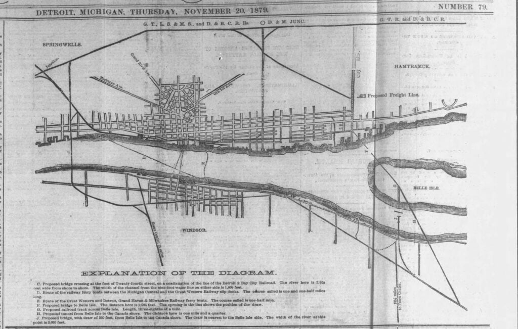 Historic newspaper map from 1879 showing proposed bridge routes over the Detroit River, connecting Detroit and Windsor—an intriguing glimpse into history and the shaping of rail lines and regions like Springwells, East Detroit, and Mill Run nearly 150 years ago.