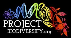 Project Biodiversify logo black background, white text, rainbow colored image showing DNA strand, bee, amoeba and atom