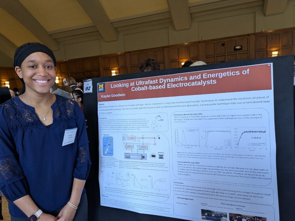 A woman smiles next to her scientific poster titled Looking at Ultrafast Dynamics and Energetics of Cobalt-based Electrocatalysts in a well-lit room with high ceilings.