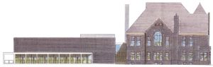 Architectural drawing showing a modern, single-story building connected to a larger, historic brick building with arched windows and a steep, gabled roof.