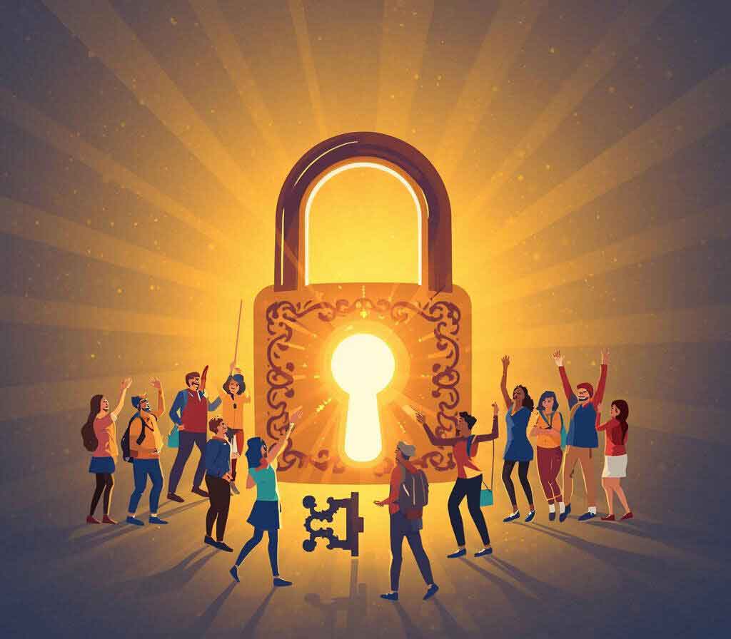 A group of people celebrating around a large, glowing padlock with a keyhole.