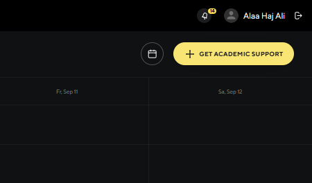 A digital calendar interface displays the Tutoring Schedule for Fall 2026, featuring a yellow Get Academic Support button, a user profile icon with notifications, and the name Alaa Haj Ali in the top right corner. Dates shown are Friday, Sep 11 and Saturday, Sep 12.