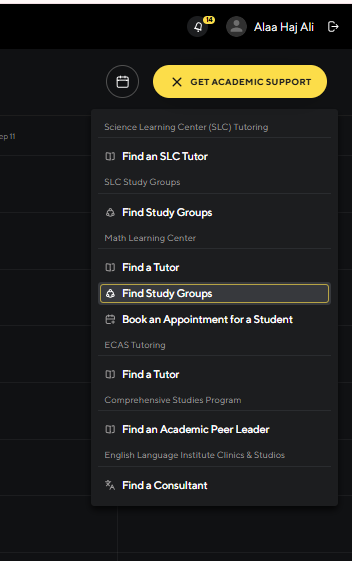 A computer screen displays a dropdown menu titled Get Academic Support, featuring options such as Find SLC Tutor, Join Study Groups, and Book an Appointment for a Student. A user profile is visible in the top right corner.