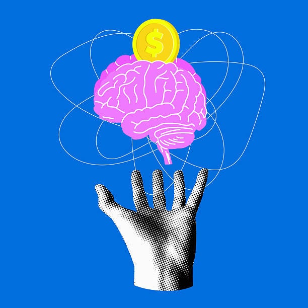 A stylized hand reaches toward a pink brain with a gold coin on top, set against a blue background with white scribble lines.
