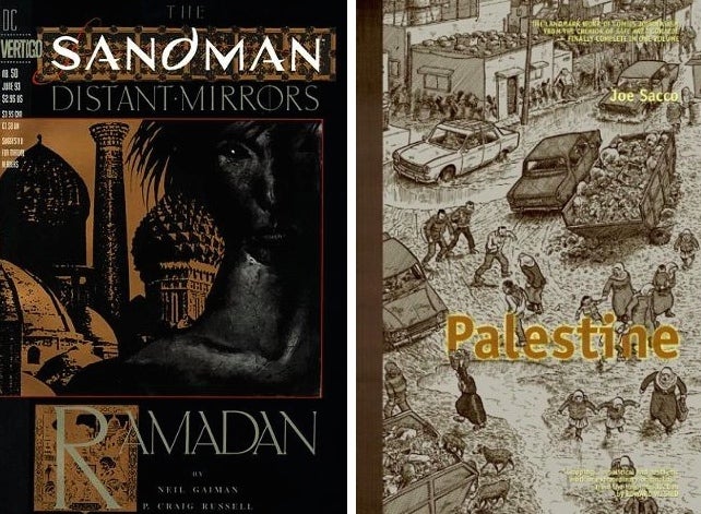 Cover of Sandman 50 and Palestine graphic novels