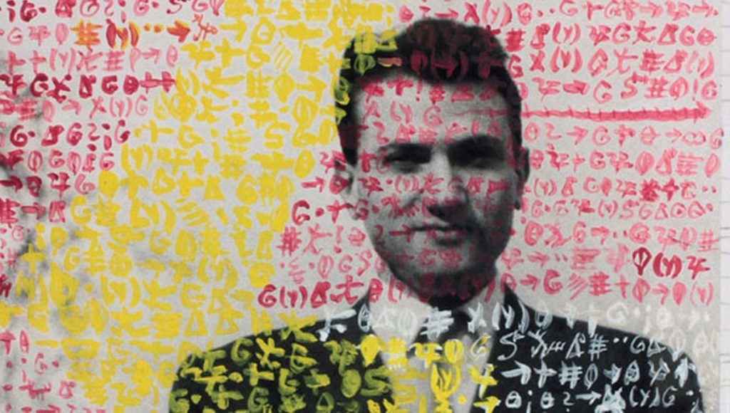 isidore isou self portrait with red and yellow symbols across the photo