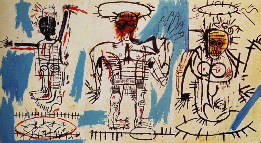 baby boom drawing by basquiat with three sketched images african-style art