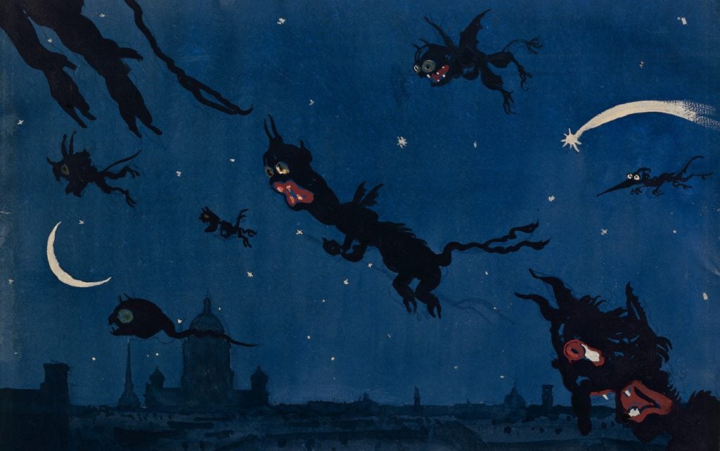 painting of demon like figures on brooms flying against a starry night sky