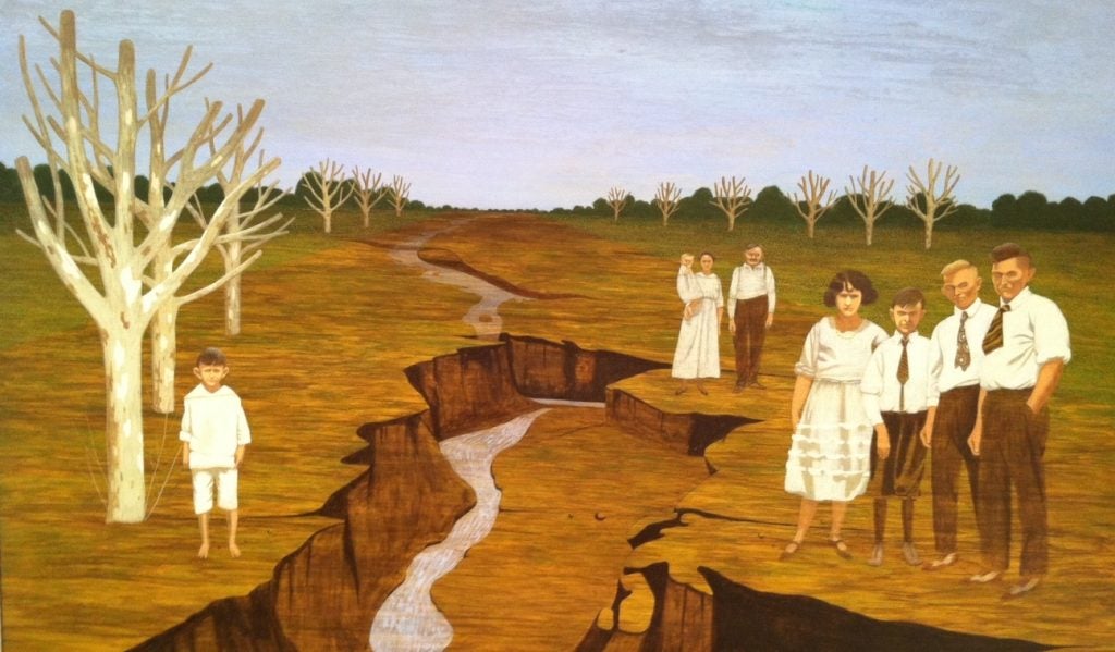 alien child painting by carroll cloar with families dressed in white standing across a stream in the rocks