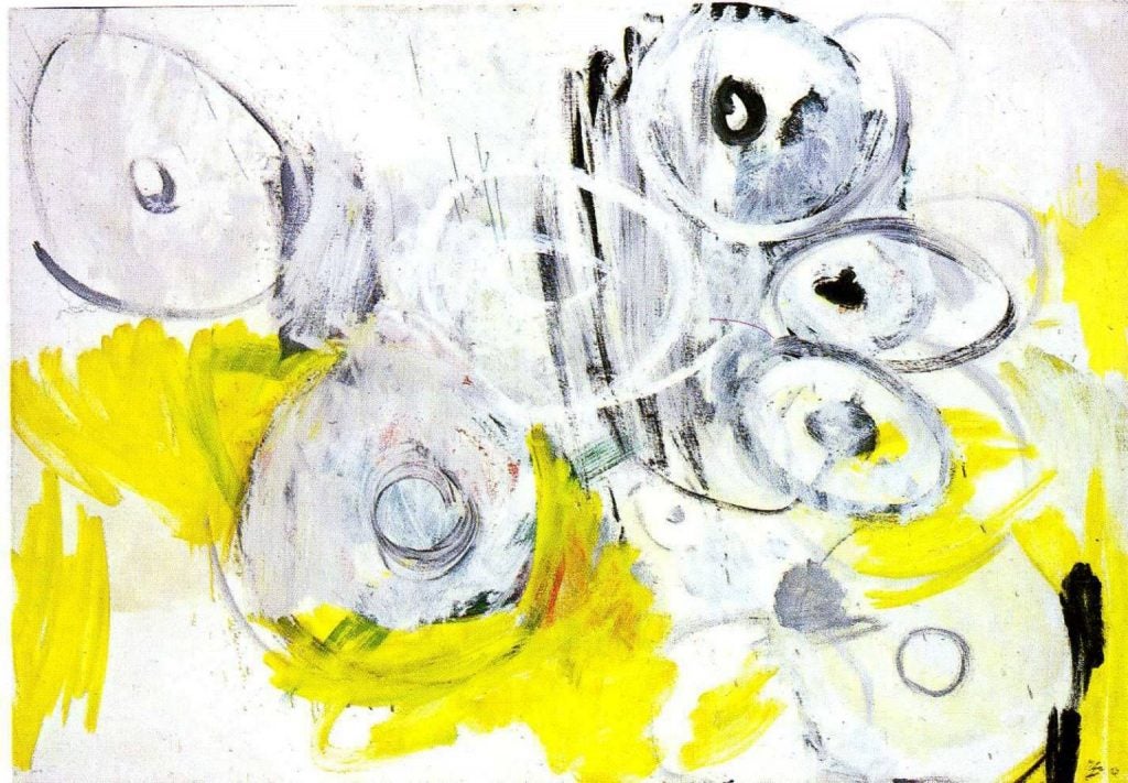 White Spring 1963 by Ernst Wilhelm Nay painting, abstract with yellow and white circles