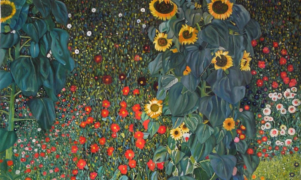 painting of a garden with sunflowers and red and white flowers