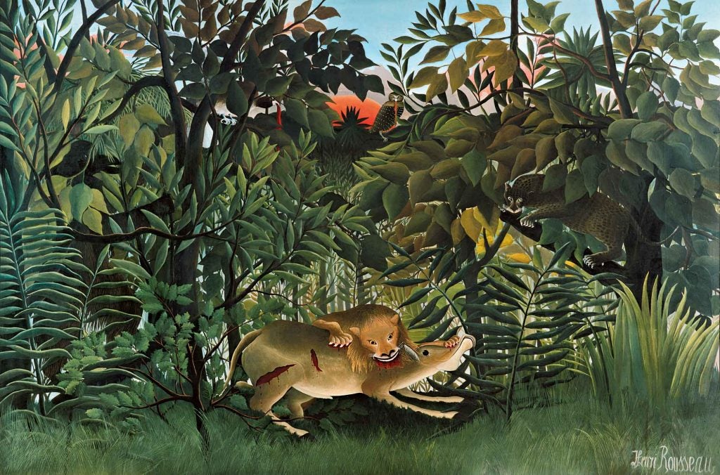 hungry lion by henri rousseau, a lion is biting into a deer in the middle of the jungle