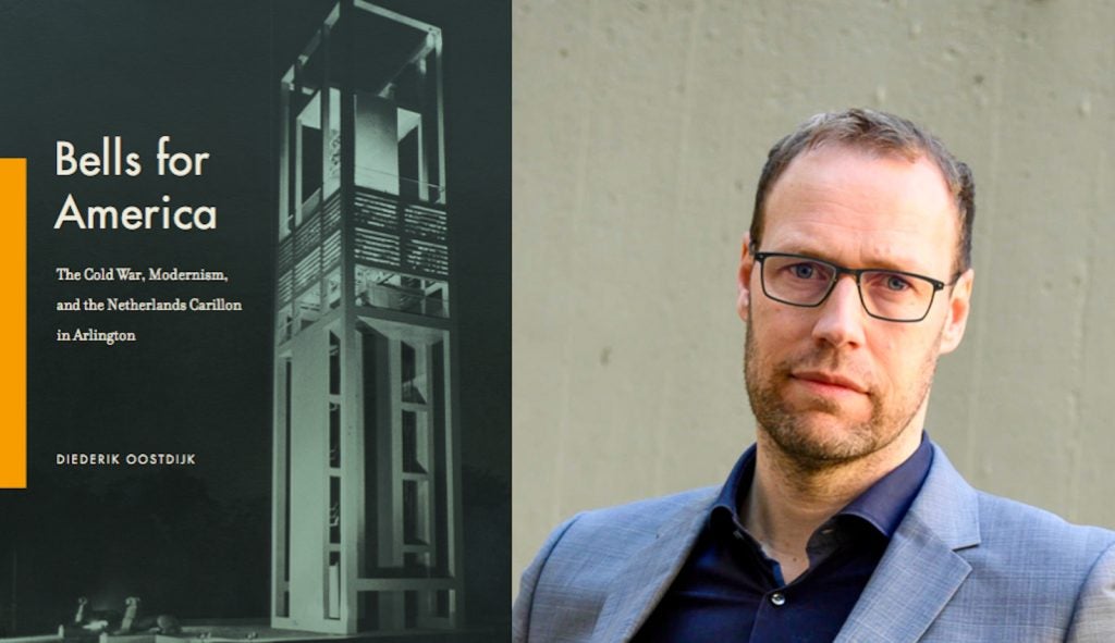 Collage of two images: an author photo of a man in a grey suite from the shoulders up and a cover image from "Bells for America" which is a Carillon against a black background